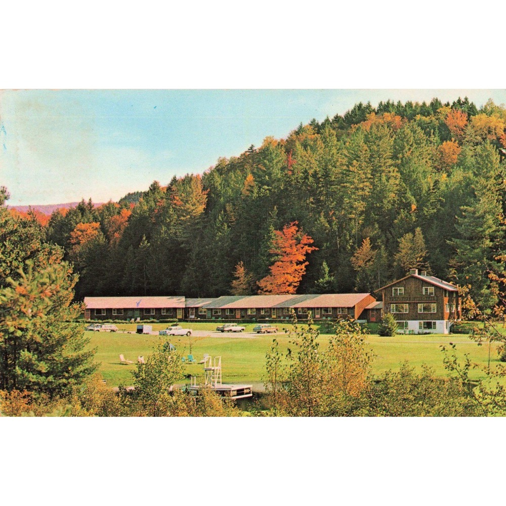 Vtg 1965 Madbush Chalet Postcard Waitsfield Vermont Green Mountains Route 100
